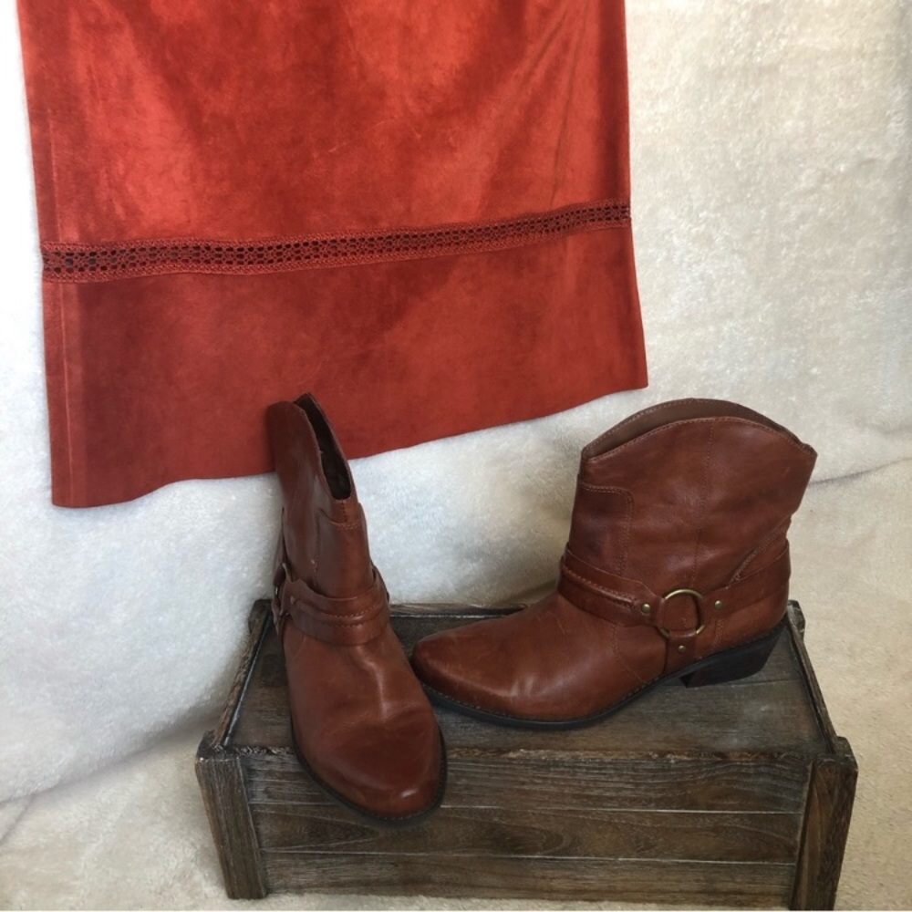 Franco Sarto Genuine Leather Western Short Harness Cowgirl Boots Cognac brown - Picture 12 of 16